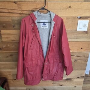 Red Hooded Rain Jacket with Gray Fleece Lining